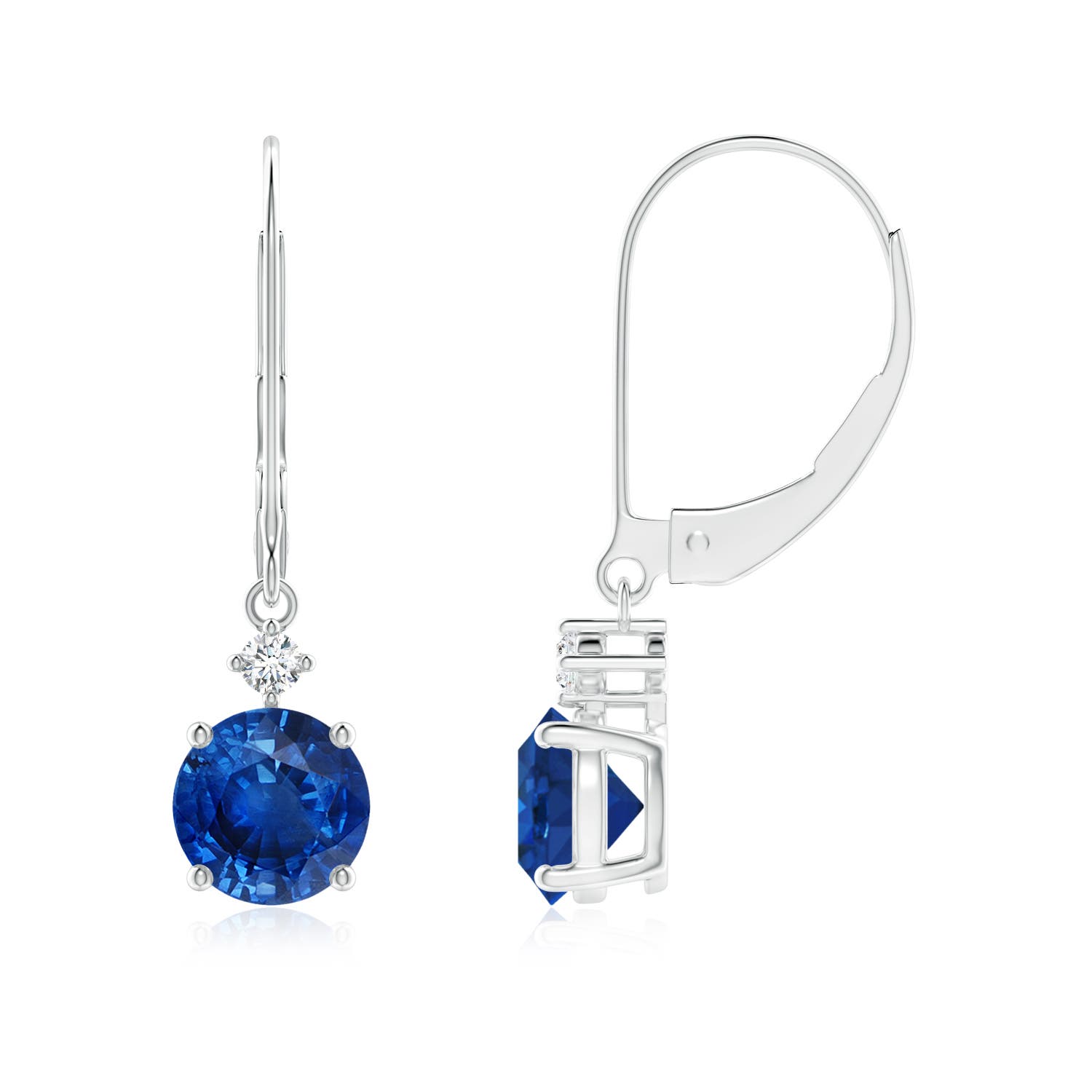 6mm AAA Solitaire Blue Sapphire Dangle Earrings with Diamond in White Gold