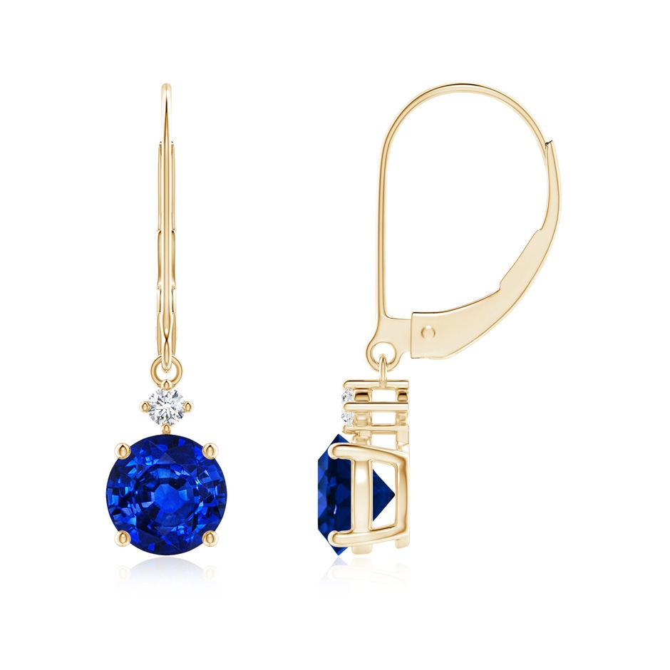 6mm AAAA Solitaire Blue Sapphire Dangle Earrings with Diamond in Yellow Gold 