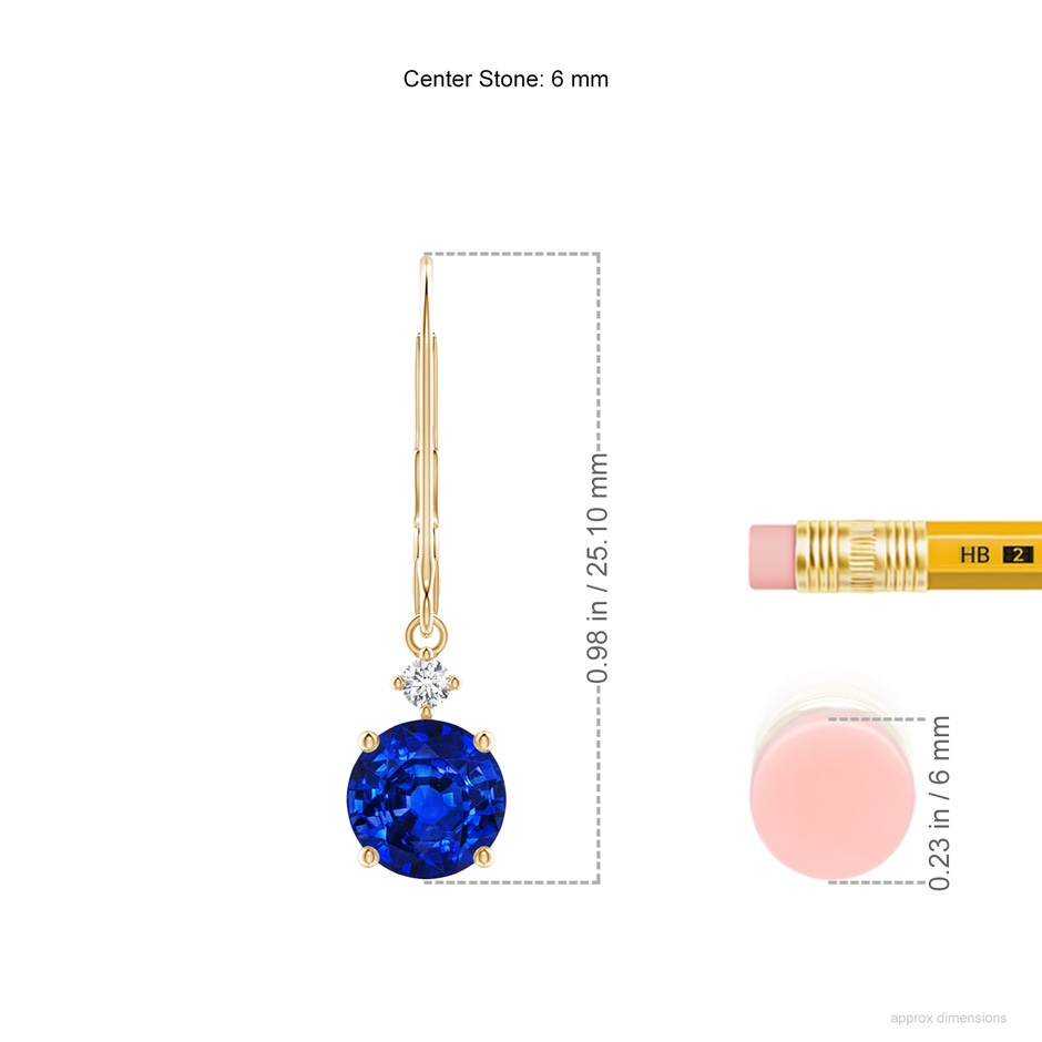 6mm AAAA Solitaire Blue Sapphire Dangle Earrings with Diamond in Yellow Gold ruler