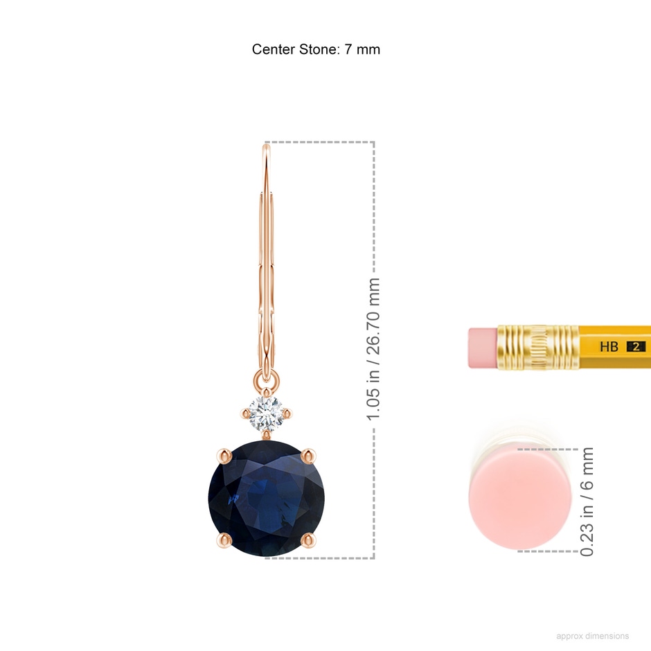 7mm A Solitaire Blue Sapphire Dangle Earrings with Diamond in Rose Gold ruler