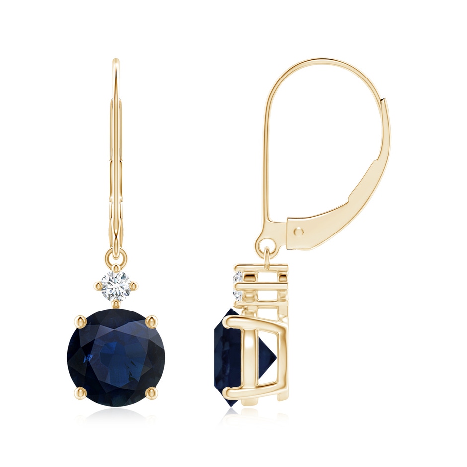 7mm A Solitaire Blue Sapphire Dangle Earrings with Diamond in Yellow Gold 