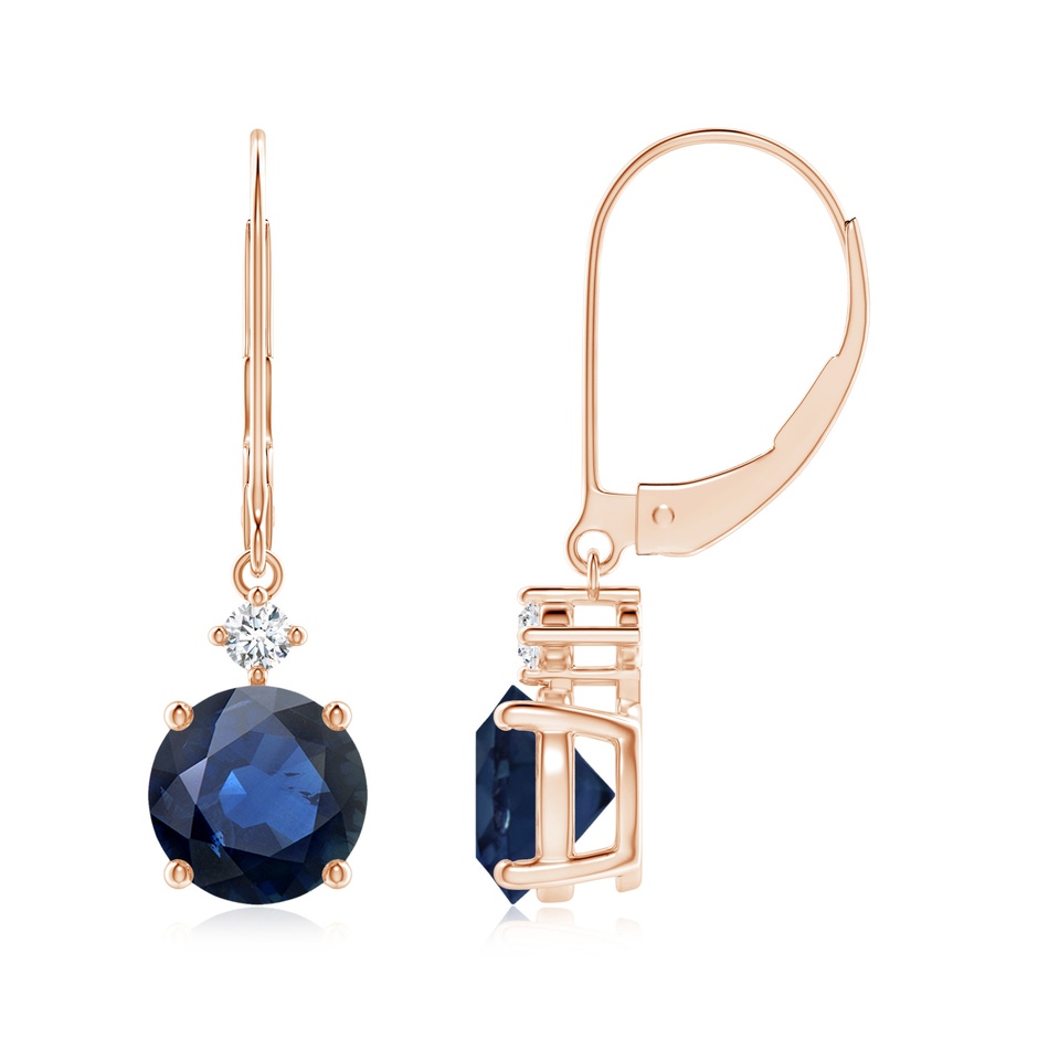 7mm AA Solitaire Blue Sapphire Dangle Earrings with Diamond in Rose Gold 