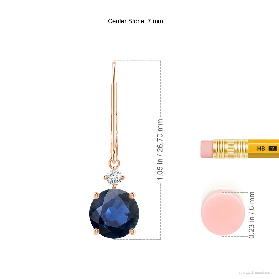 7mm AA Solitaire Blue Sapphire Dangle Earrings with Diamond in Rose Gold ruler