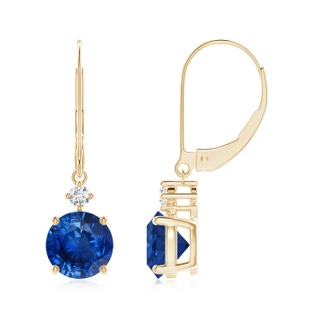 7mm AAA Solitaire Blue Sapphire Dangle Earrings with Diamond in 10K Yellow Gold