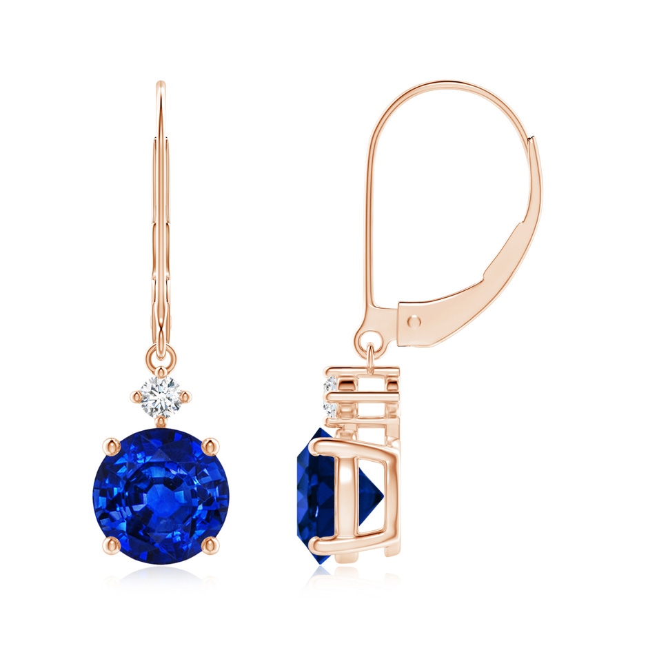 7mm AAAA Solitaire Blue Sapphire Dangle Earrings with Diamond in Rose Gold 