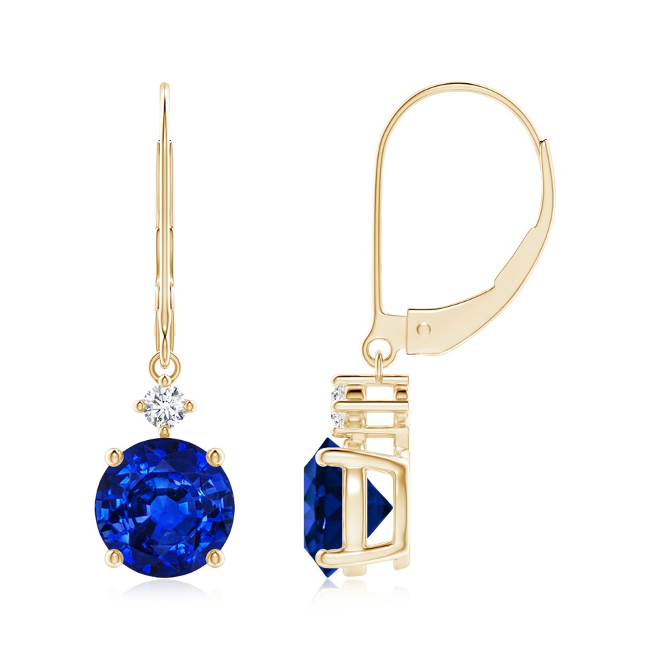 7mm AAAA Solitaire Blue Sapphire Dangle Earrings with Diamond in Yellow Gold 