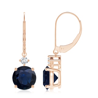 8mm A Solitaire Blue Sapphire Dangle Earrings with Diamond in Rose Gold