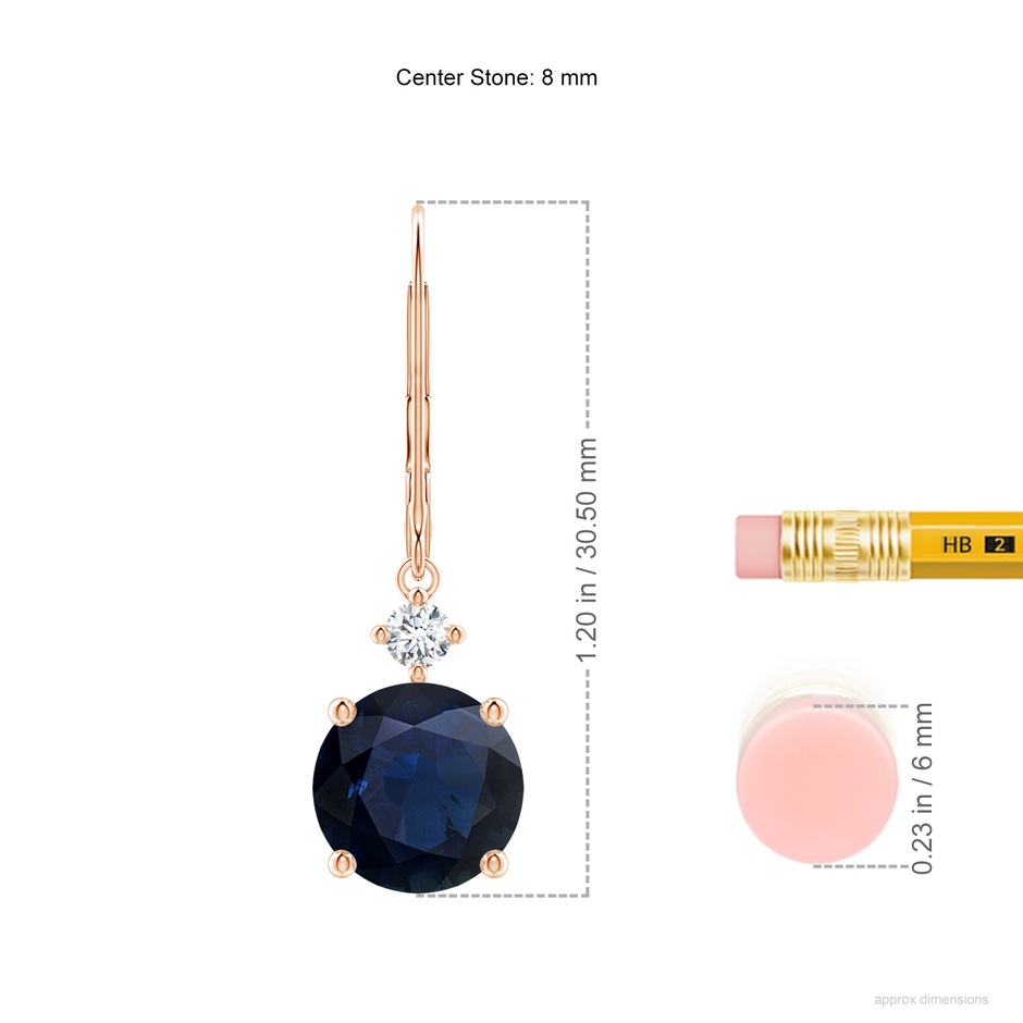 8mm A Solitaire Blue Sapphire Dangle Earrings with Diamond in Rose Gold ruler