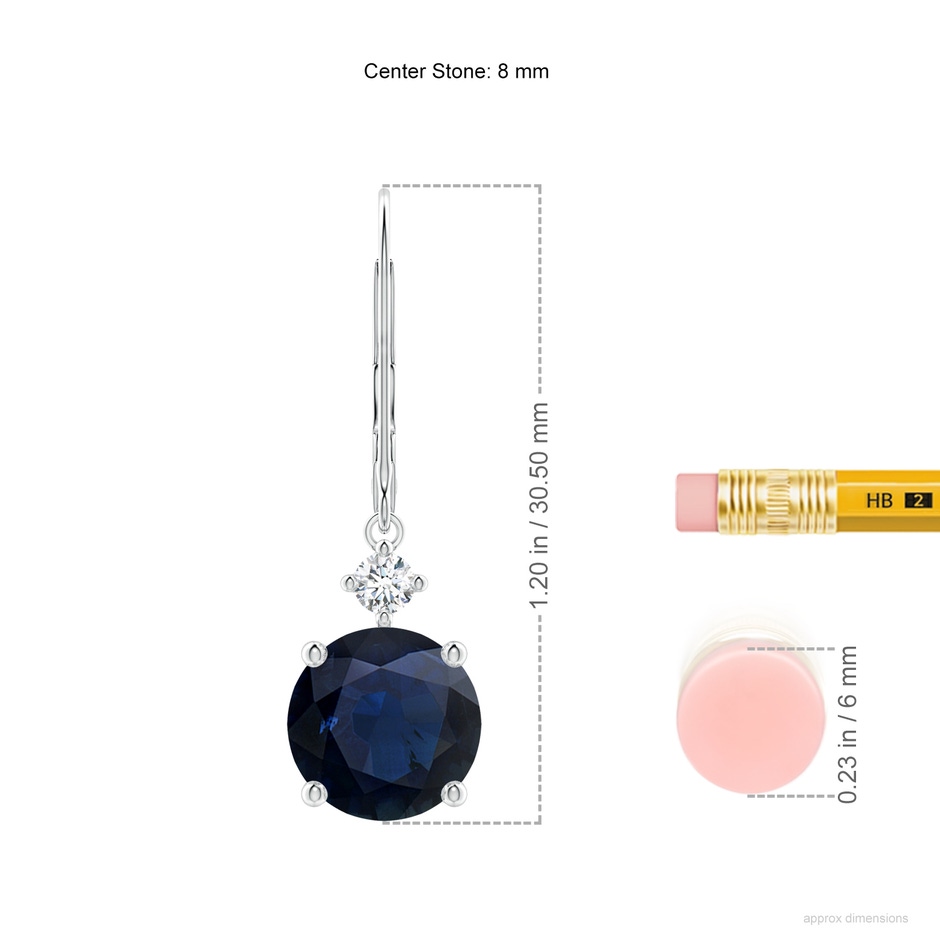 8mm A Solitaire Blue Sapphire Dangle Earrings with Diamond in White Gold ruler
