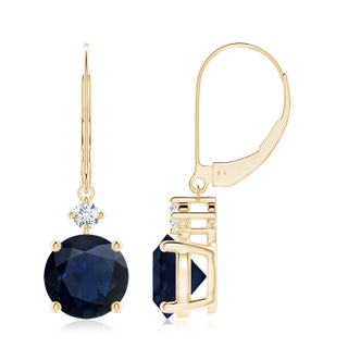 8mm A Solitaire Blue Sapphire Dangle Earrings with Diamond in Yellow Gold