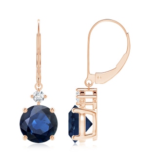 8mm AA Solitaire Blue Sapphire Dangle Earrings with Diamond in Rose Gold