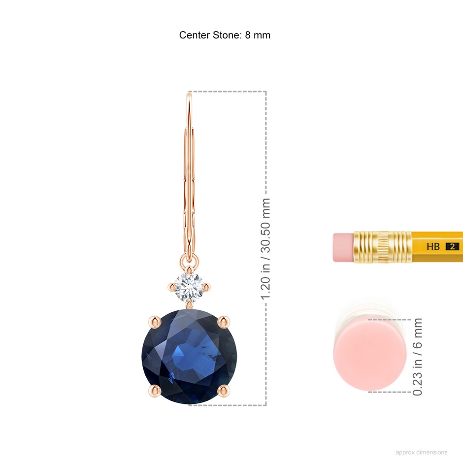 8mm AA Solitaire Blue Sapphire Dangle Earrings with Diamond in Rose Gold ruler