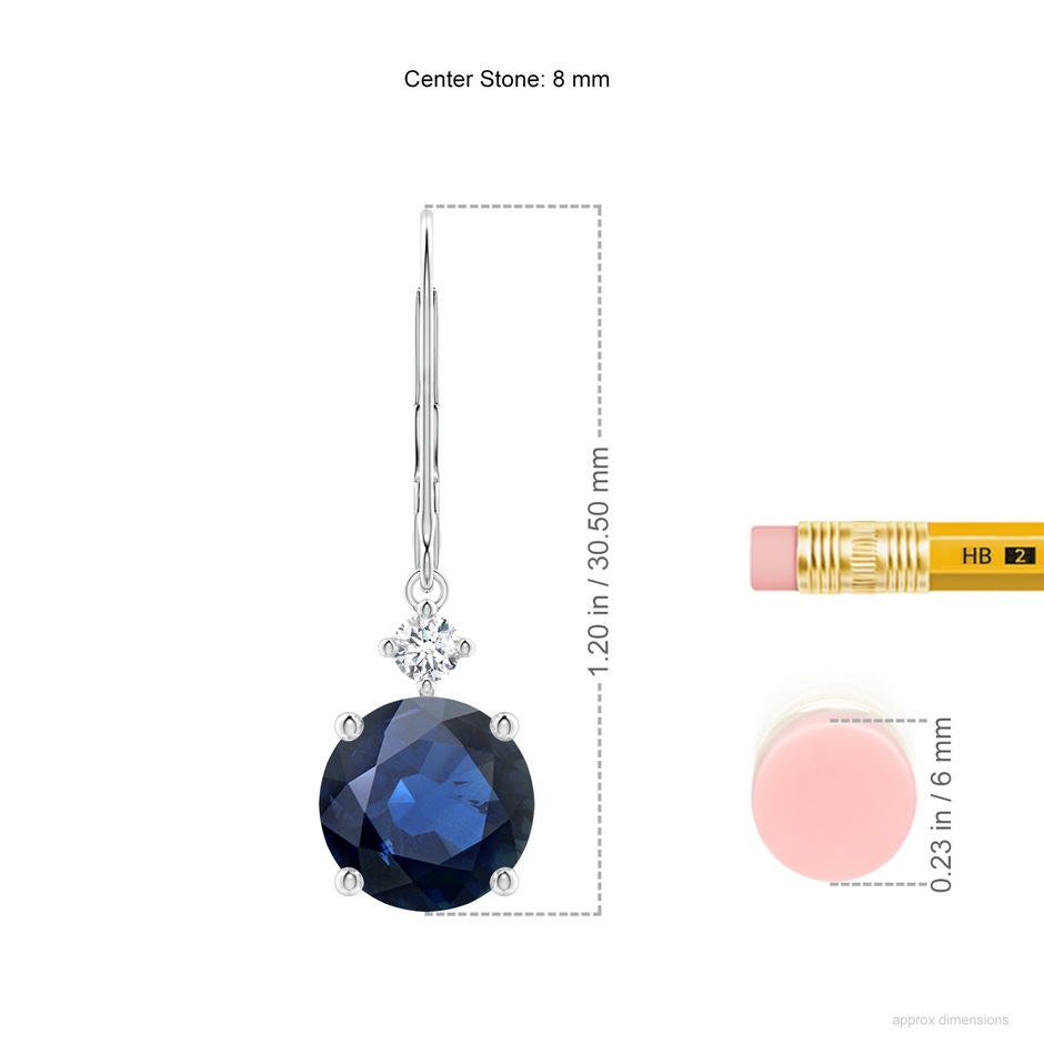 8mm AA Solitaire Blue Sapphire Dangle Earrings with Diamond in White Gold ruler
