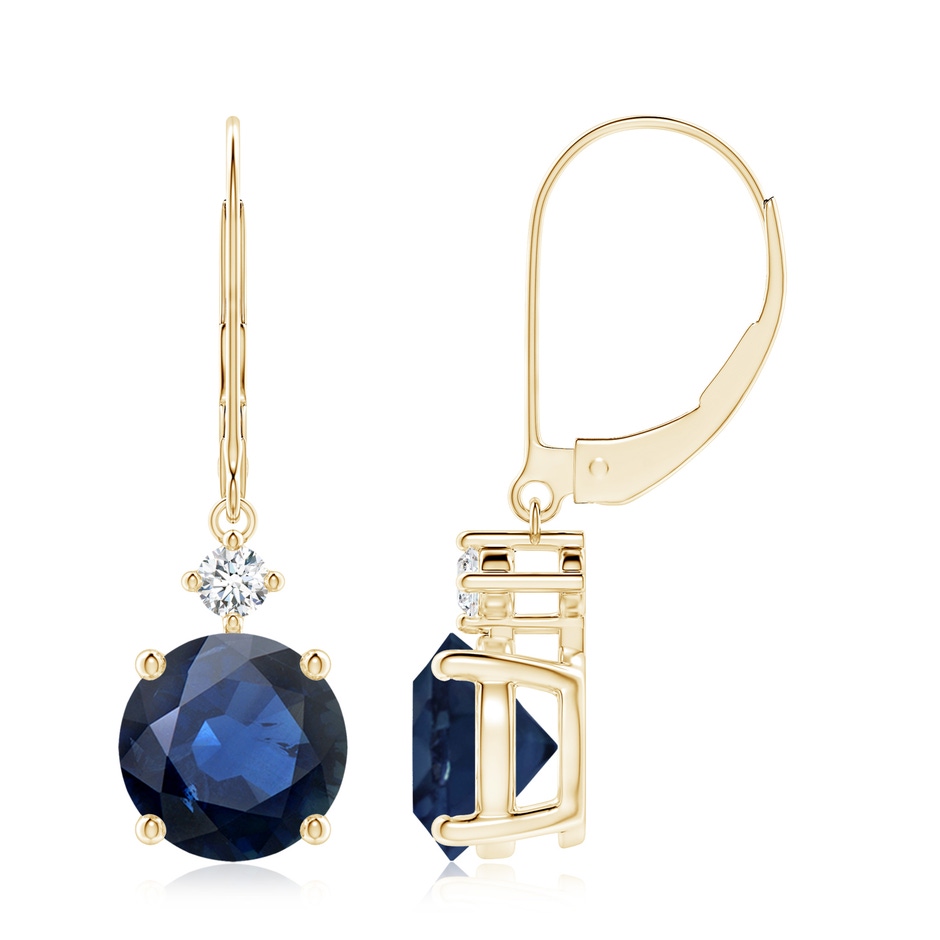 8mm AA Solitaire Blue Sapphire Dangle Earrings with Diamond in Yellow Gold 