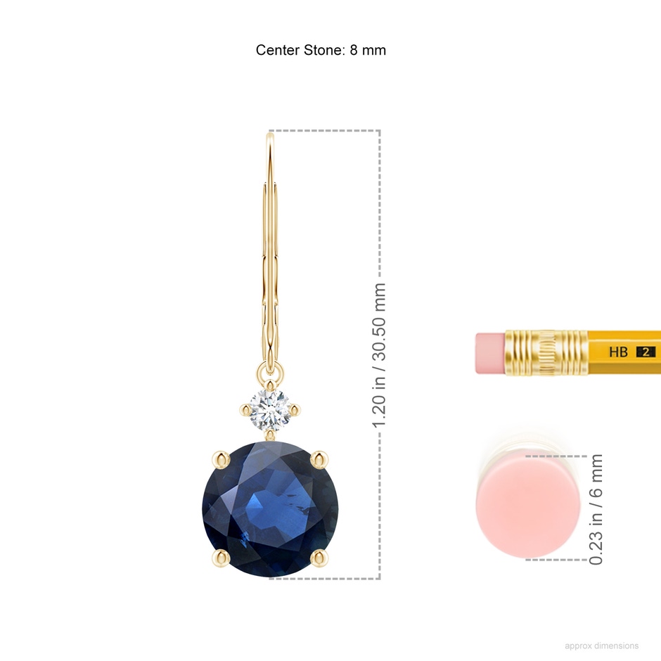 8mm AA Solitaire Blue Sapphire Dangle Earrings with Diamond in Yellow Gold ruler