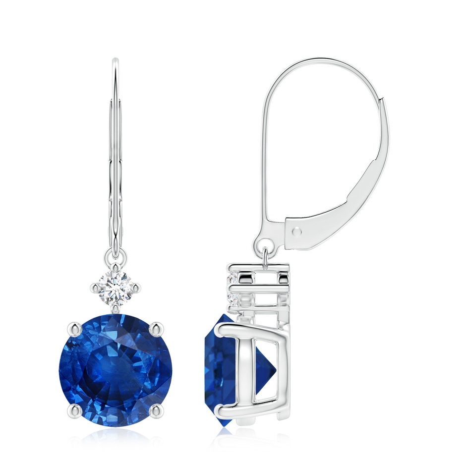8mm AAA Solitaire Blue Sapphire Dangle Earrings with Diamond in P950 Platinum 