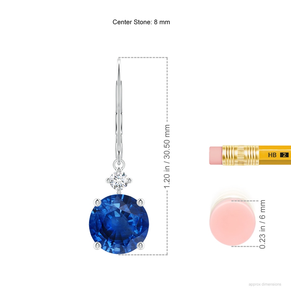 8mm AAA Solitaire Blue Sapphire Dangle Earrings with Diamond in P950 Platinum ruler