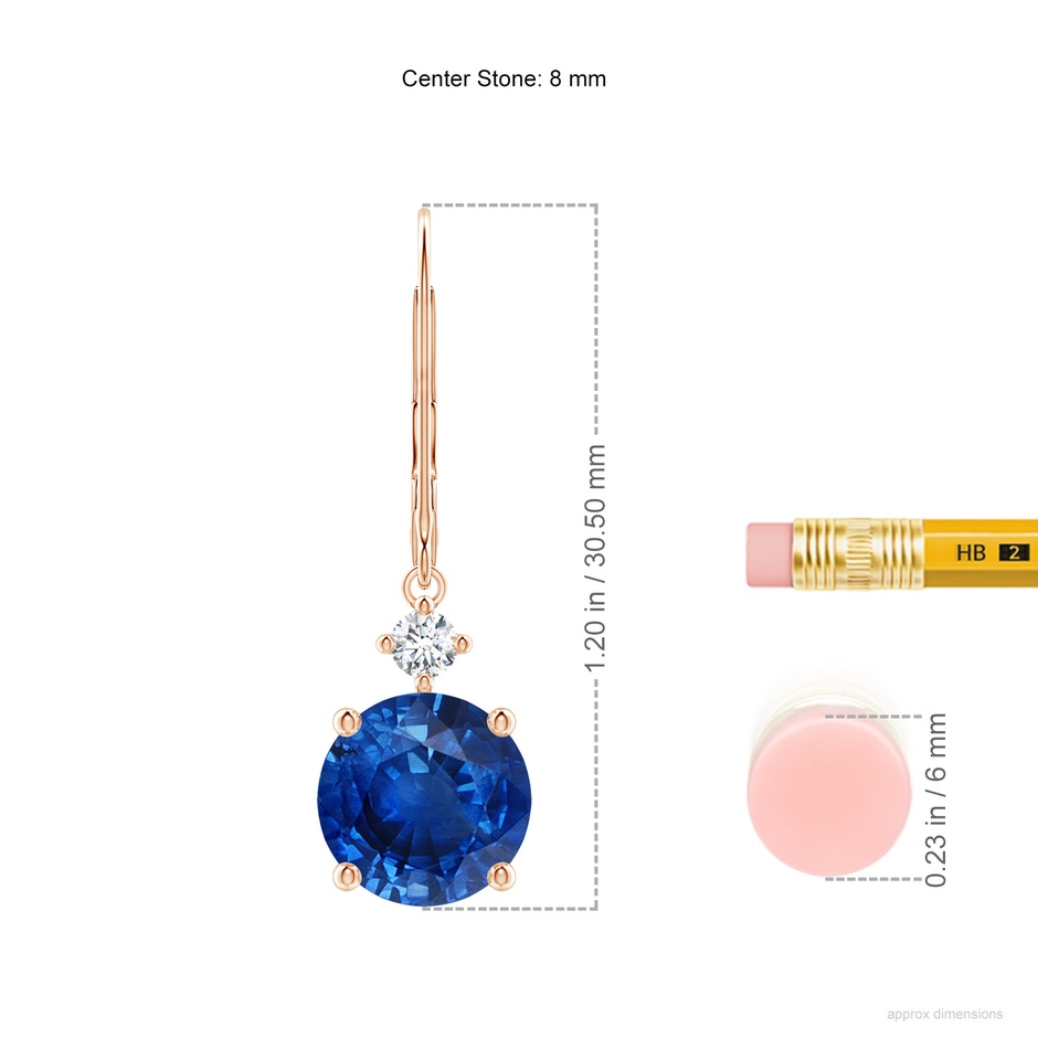8mm AAA Solitaire Blue Sapphire Dangle Earrings with Diamond in Rose Gold ruler