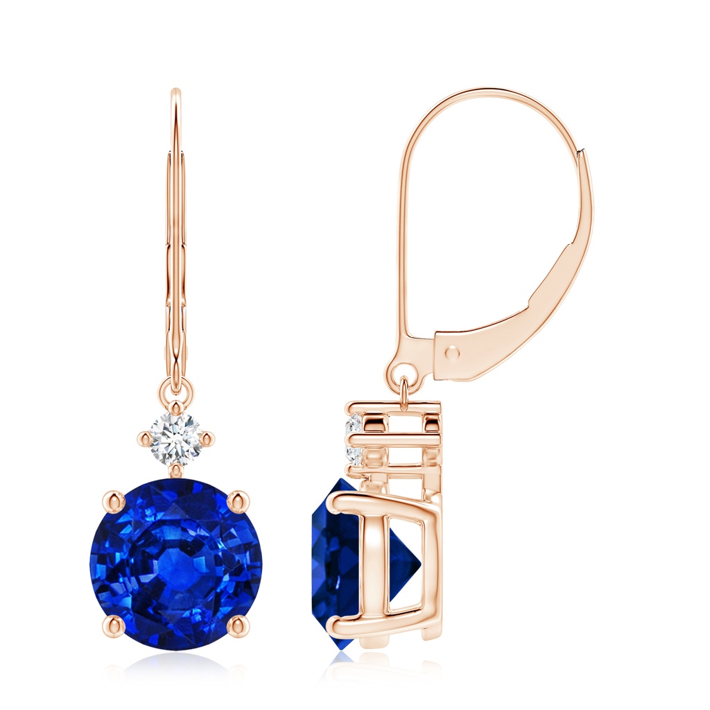 8mm AAAA Solitaire Blue Sapphire Dangle Earrings with Diamond in Rose Gold