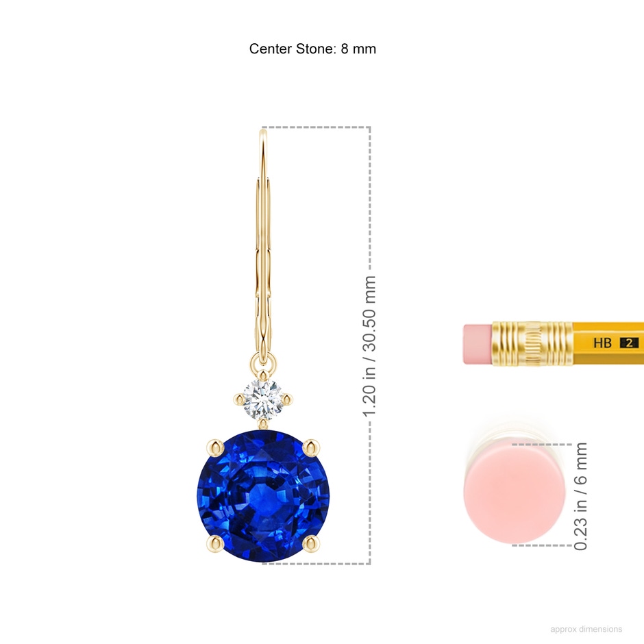 8mm Lab-Grown Solitaire Blue Sapphire Dangle Earrings with Diamond in Yellow Gold ruler