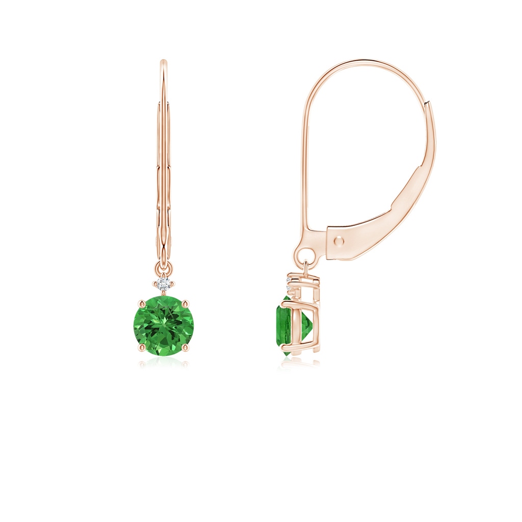 4mm AAAA Solitaire Tsavorite Dangle Earrings with Diamond in Rose Gold