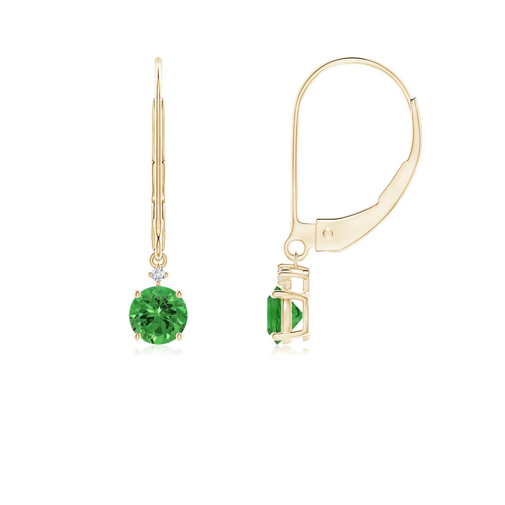 4mm AAAA Solitaire Tsavorite Dangle Earrings with Diamond in Yellow Gold