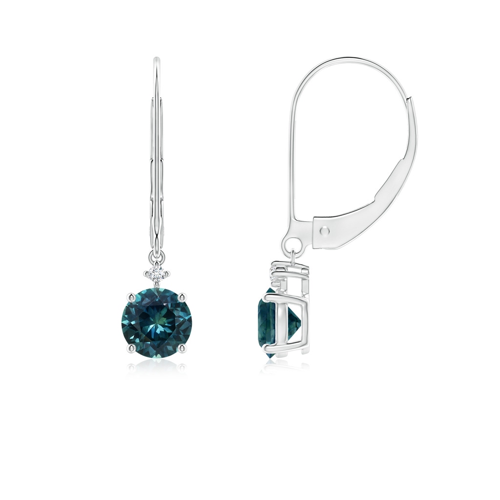 5mm AAA Solitaire Teal Montana Sapphire Dangle Earrings with Diamond in P950 Platinum