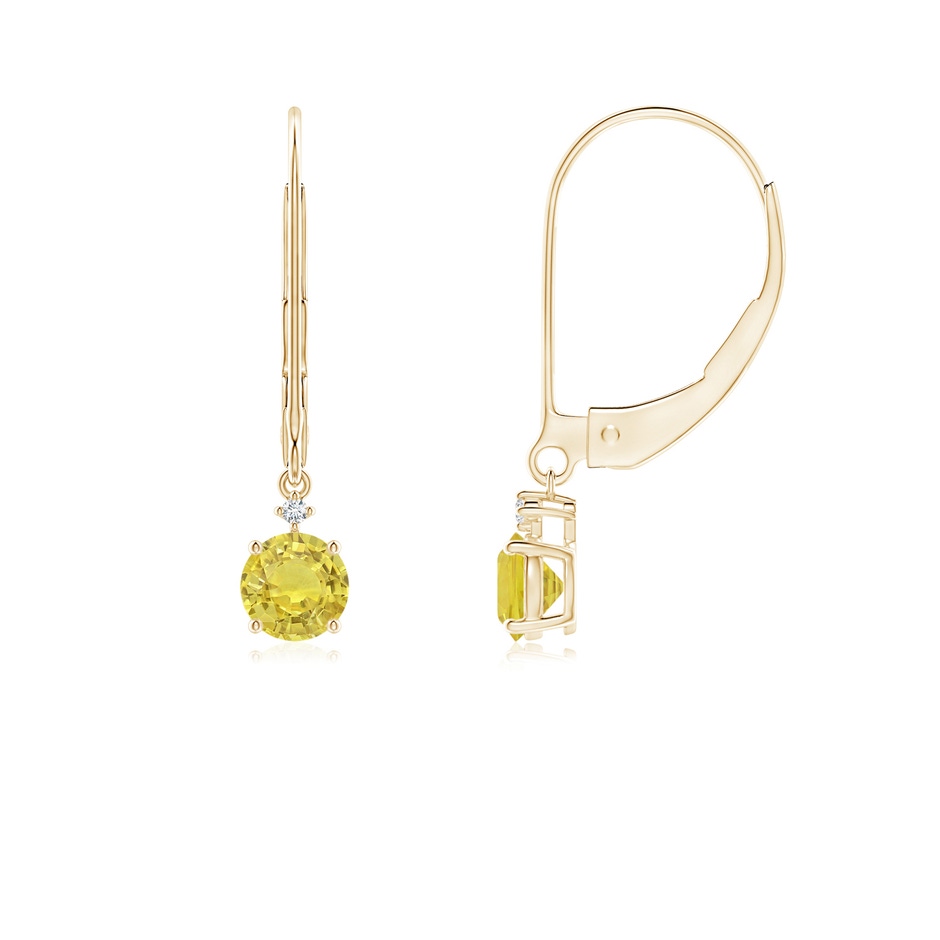 4mm AA Solitaire Yellow Sapphire Dangle Earrings with Diamond in Yellow Gold 