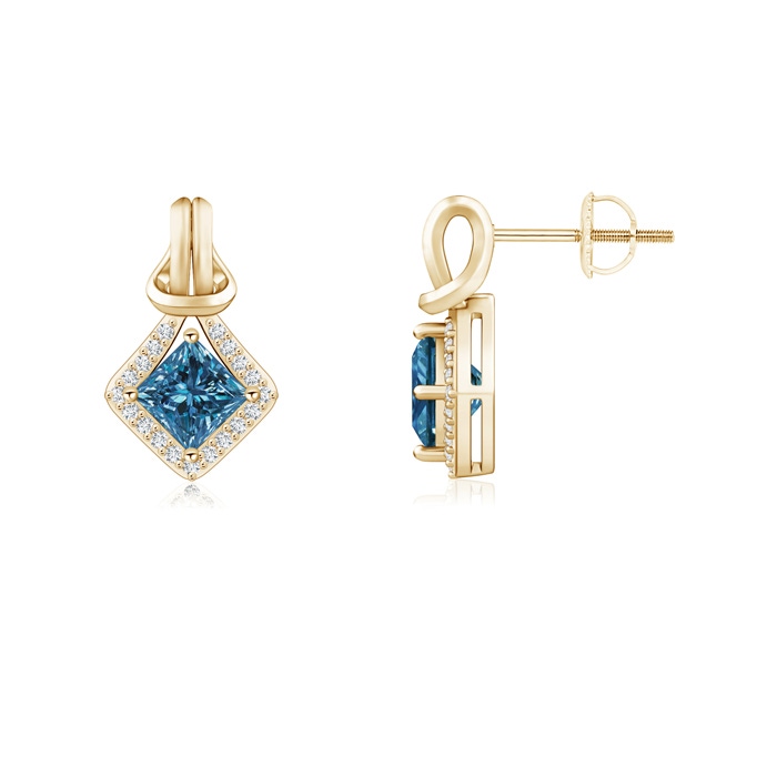 4.2mm AAA Princess-Cut Blue Diamond Love Knot Earrings in Yellow Gold