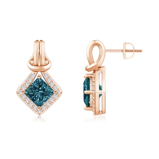 5.4mm AA Princess-Cut Blue Diamond Love Knot Earrings in Rose Gold