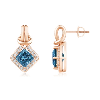 5.4mm AAA Princess-Cut Blue Diamond Love Knot Earrings in Rose Gold