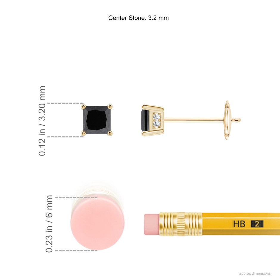 3.2mm AA Princess-Cut Black Diamond Solitaire Stud Earrings in Yellow Gold ruler