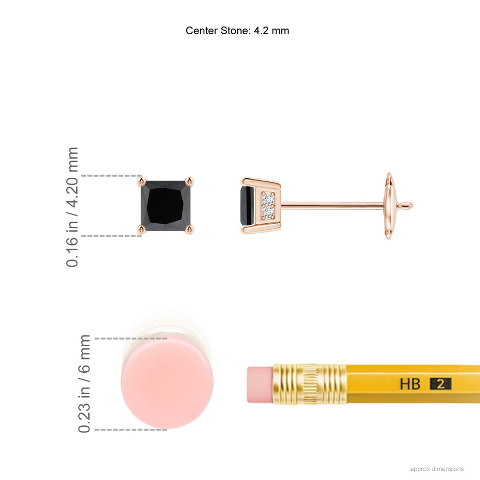 4.2mm AA Princess-Cut Black Diamond Solitaire Stud Earrings in Rose Gold ruler