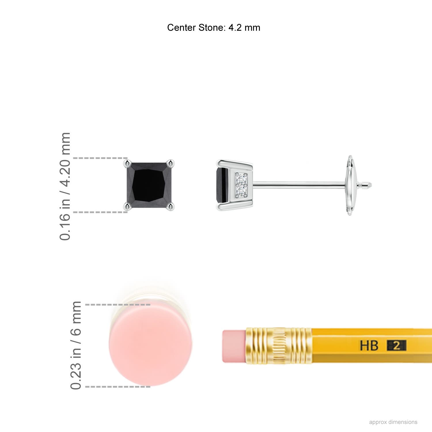 4.2mm AA Princess-Cut Black Diamond Solitaire Stud Earrings in White Gold - ruler