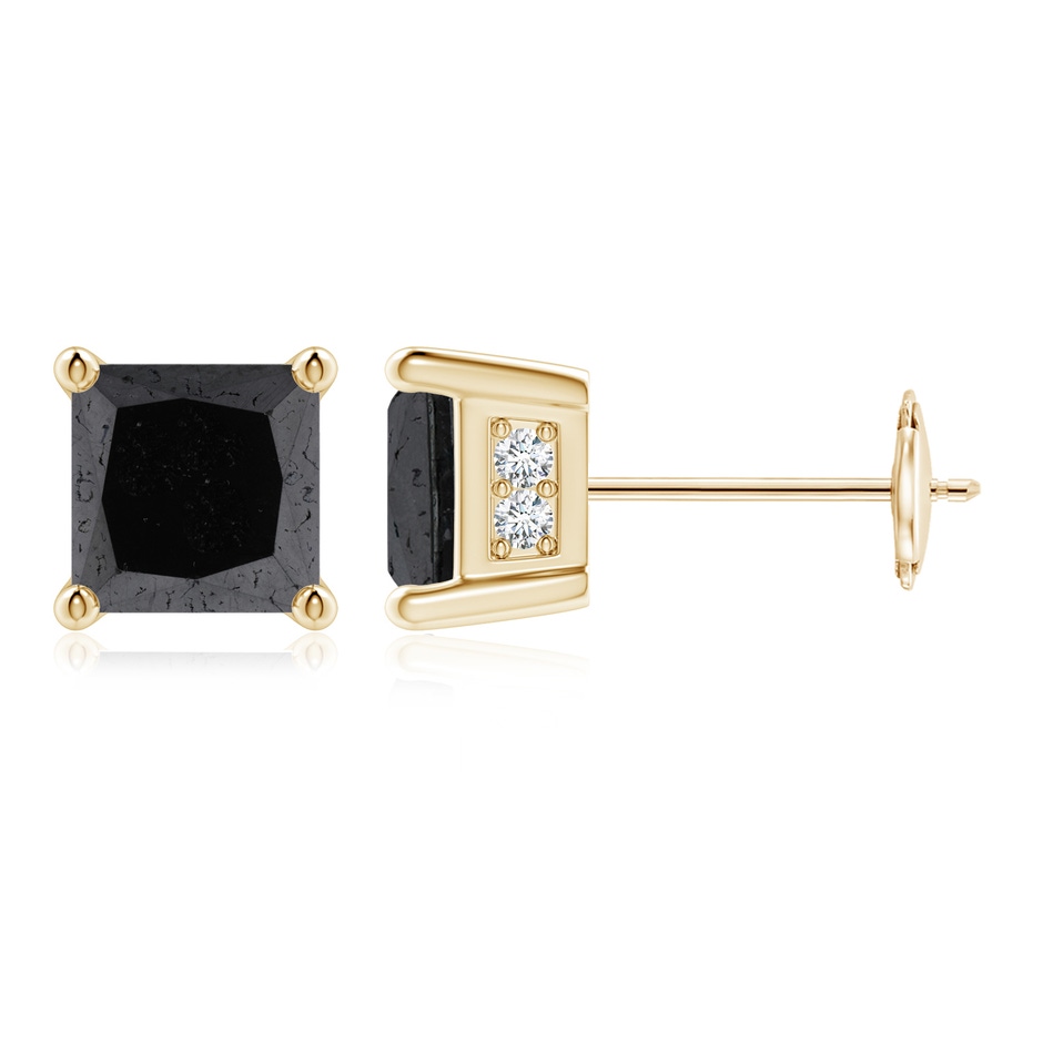 5.4mm A Princess-Cut Black Diamond Solitaire Stud Earrings in Yellow Gold 