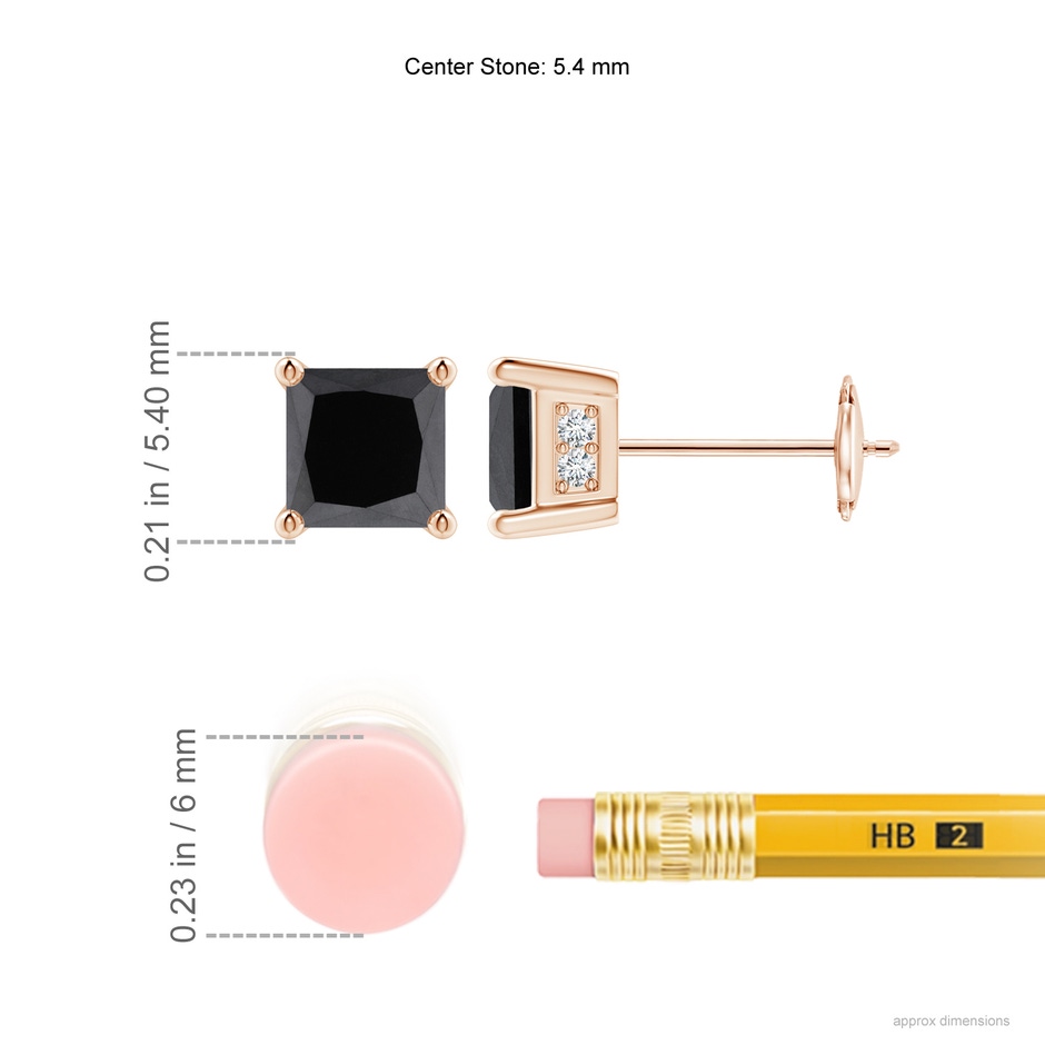 5.4mm AA Princess-Cut Black Diamond Solitaire Stud Earrings in Rose Gold ruler