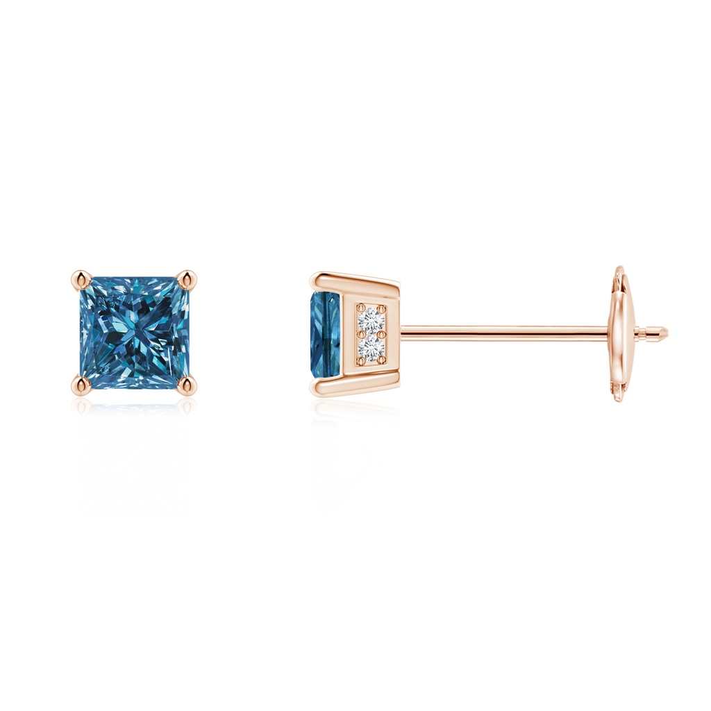 3.2mm AAA Princess-Cut Blue Diamond Solitaire Stud Earrings in Rose Gold