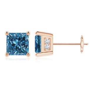 5.4mm AAA Princess-Cut Blue Diamond Solitaire Stud Earrings in Rose Gold