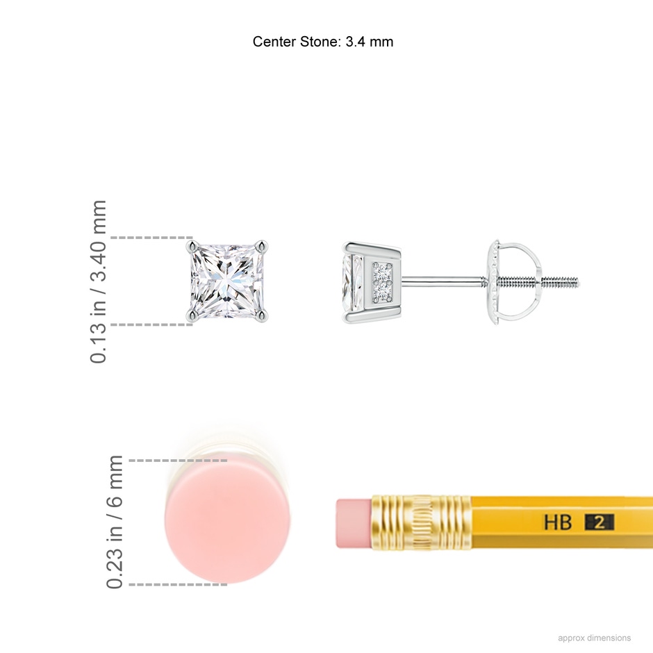 3.4mm GVS2 Princess-Cut Diamond Solitaire Stud Earrings in P950 Platinum ruler