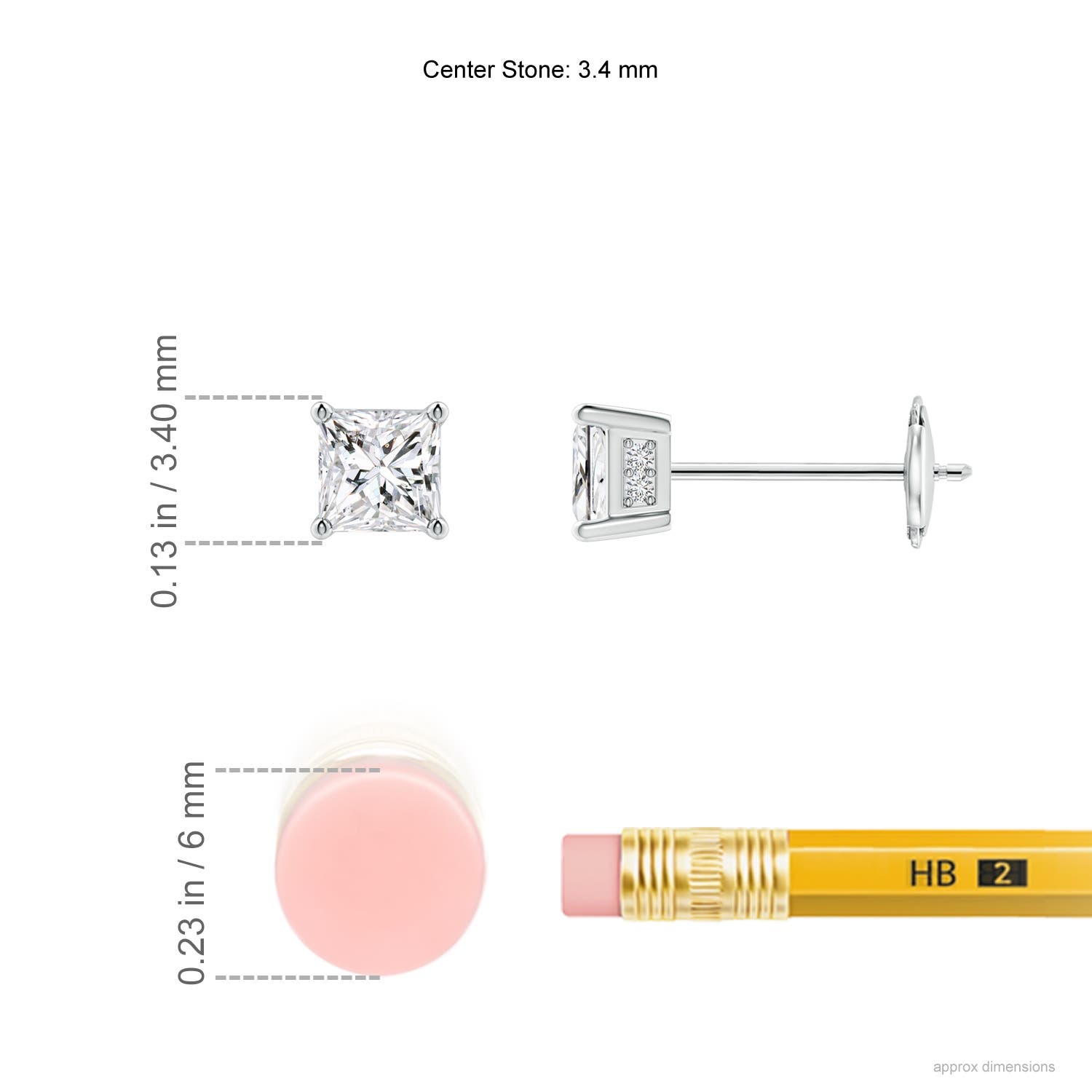3.4mm HSI2 Princess-Cut Diamond Solitaire Stud Earrings in White Gold - ruler