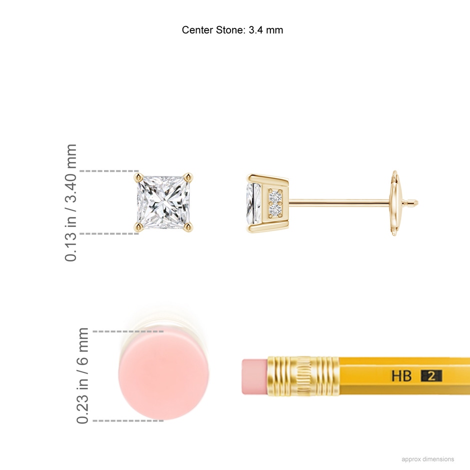 3.4mm HSI2 Princess-Cut Diamond Solitaire Stud Earrings in Yellow Gold ruler