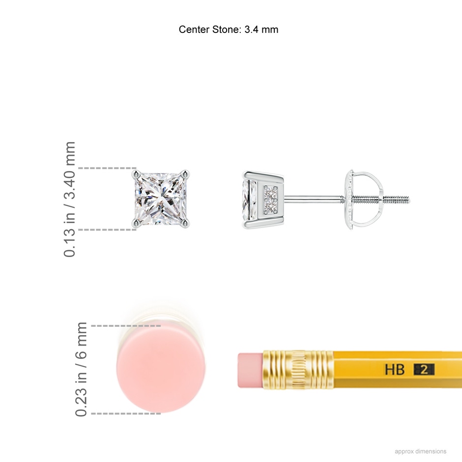 3.4mm IJI1I2 Princess-Cut Diamond Solitaire Stud Earrings in P950 Platinum ruler