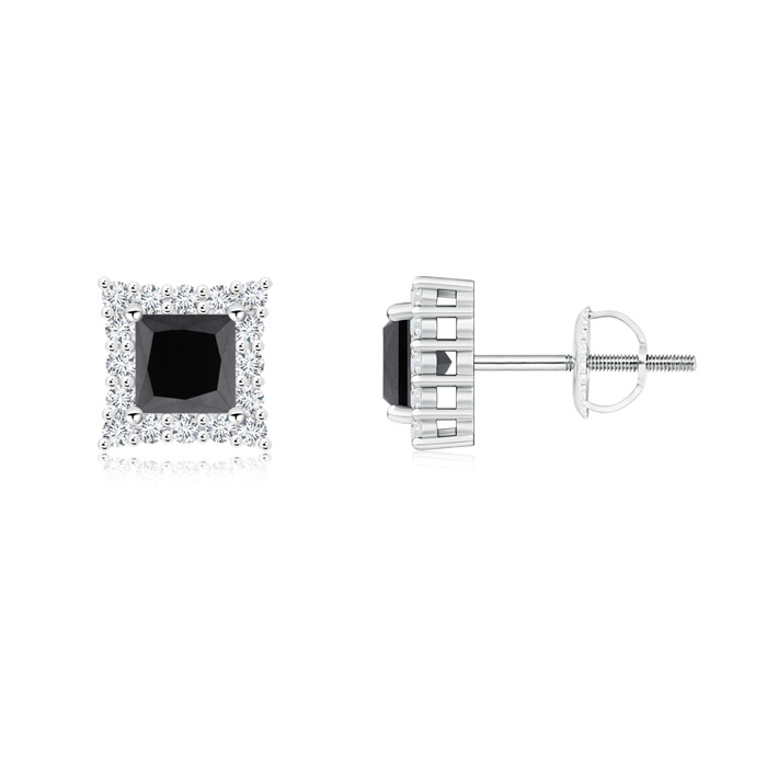 4mm AA Princess-Cut Black Diamond Halo Stud Earrings in White Gold
