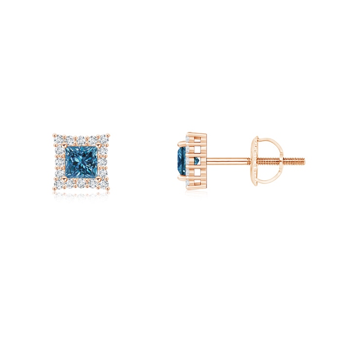 3mm AAA Princess-Cut Blue Diamond Halo Stud Earrings in Rose Gold