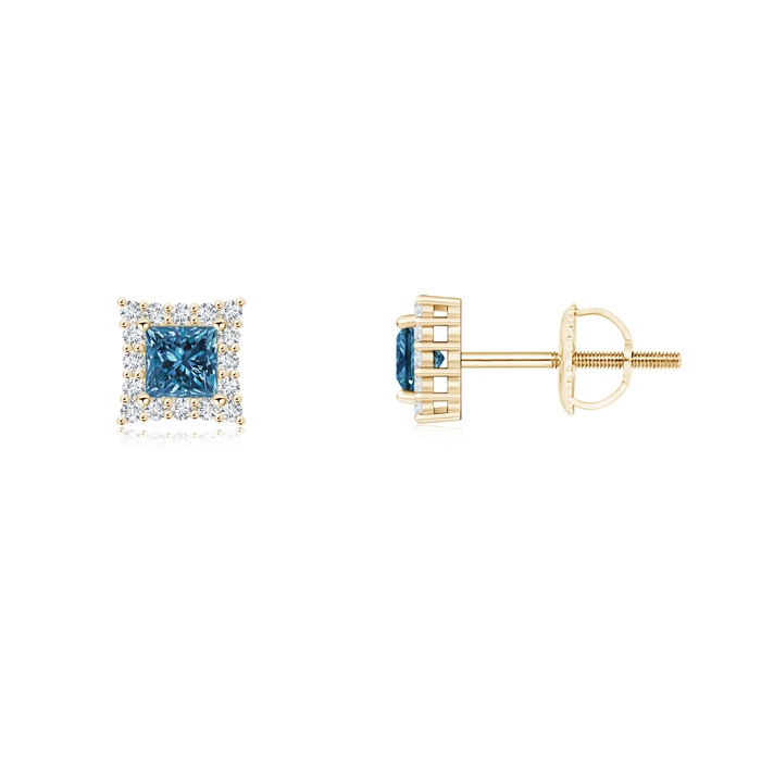 3mm AAA Princess-Cut Blue Diamond Halo Stud Earrings in Yellow Gold