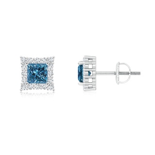 4mm AAA Princess-Cut Blue Diamond Halo Stud Earrings in P950 Platinum
