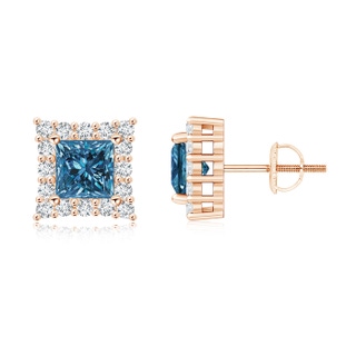 5.1mm AAA Princess-Cut Blue Diamond Halo Stud Earrings in Rose Gold