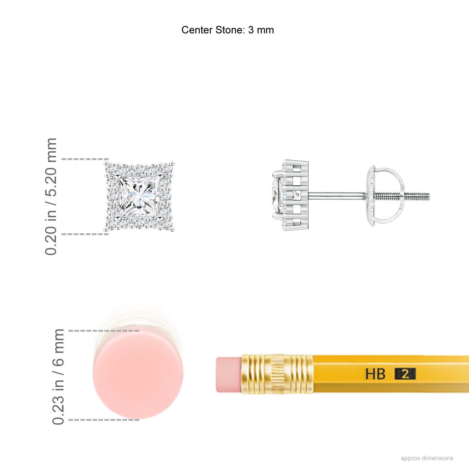 3mm GVS2 Princess-Cut Diamond Halo Stud Earrings in White Gold - ruler