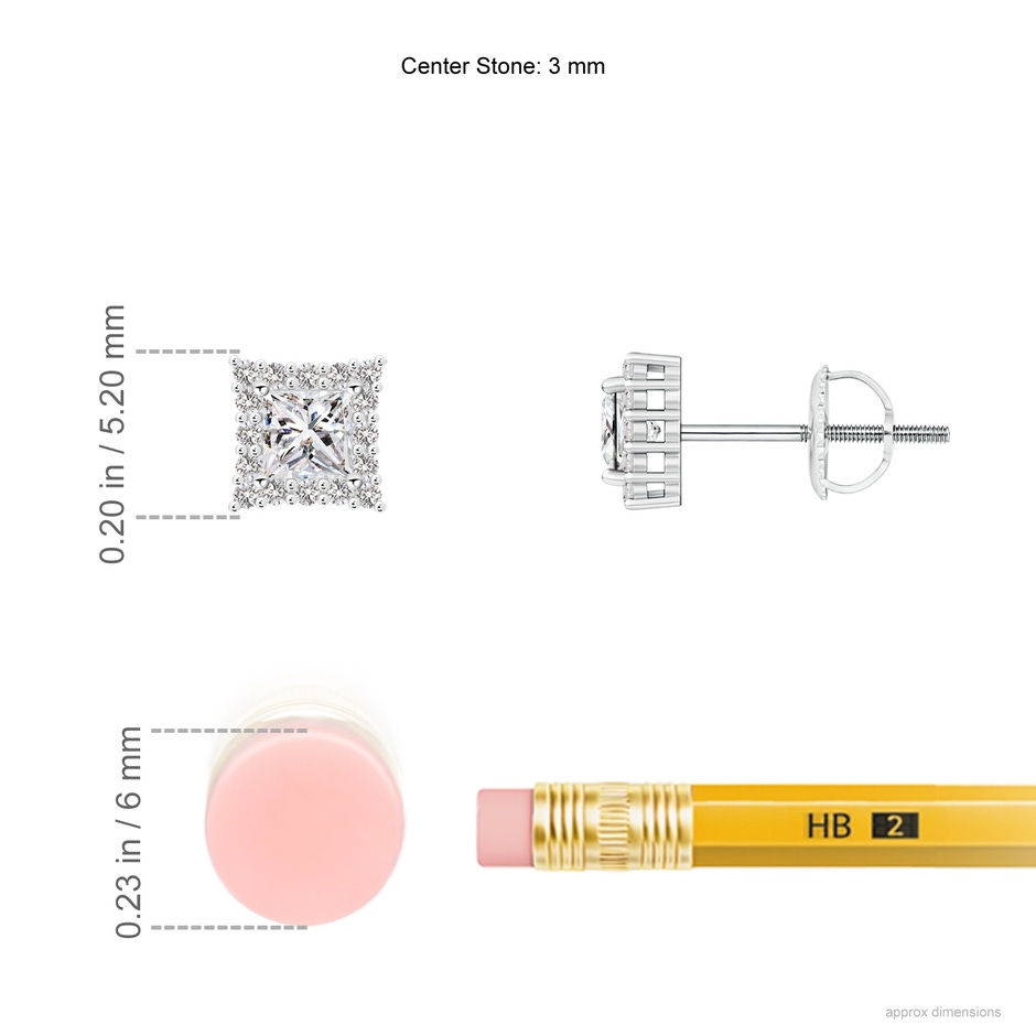 3mm IJI1I2 Princess-Cut Diamond Halo Stud Earrings in P950 Platinum ruler