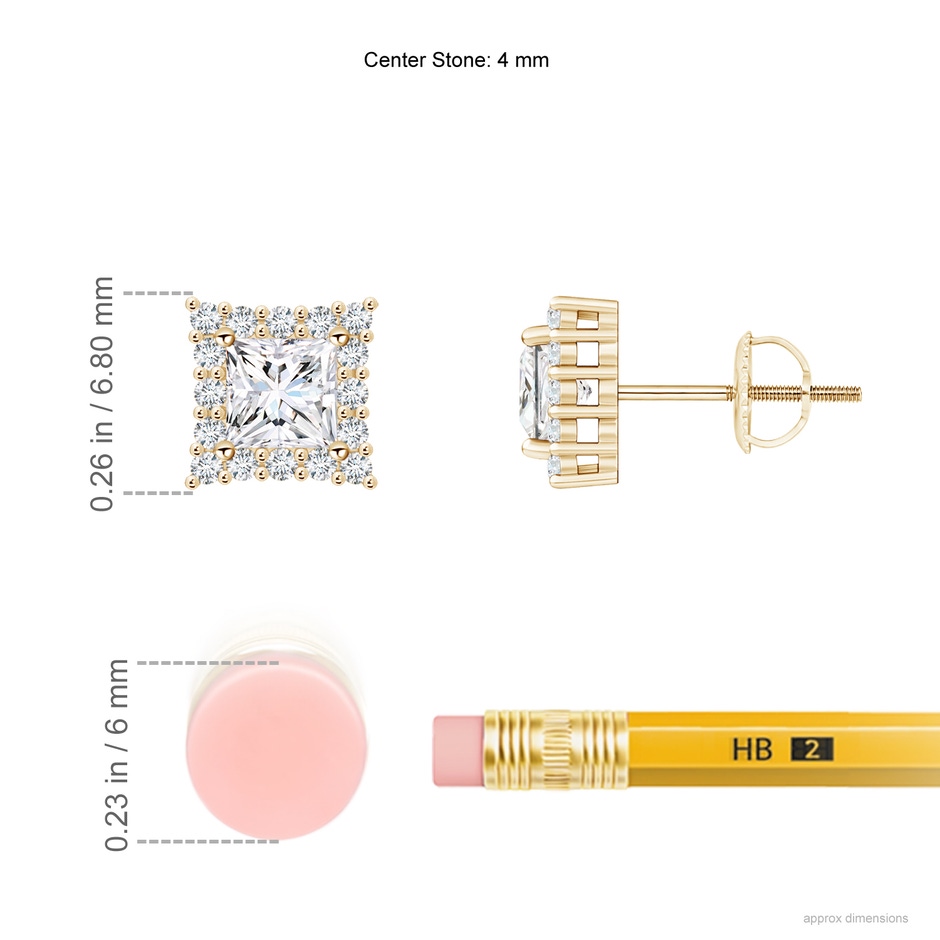 4mm GVS2 Princess-Cut Diamond Halo Stud Earrings in Yellow Gold ruler